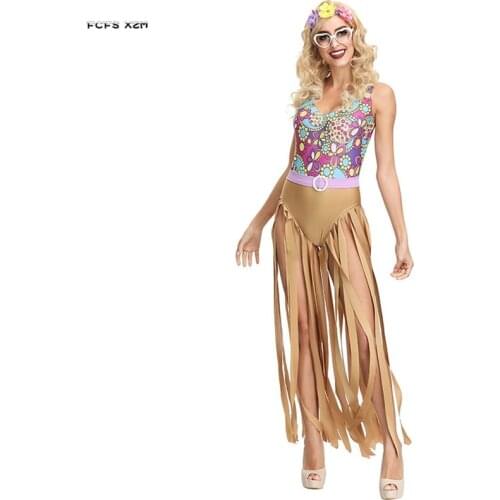 Floral Print Woman Hippie Disco Cosplay Female Halloween Latino Hip Hop Singer Costumes Carnival Purim Nightclub Bar Party Dress