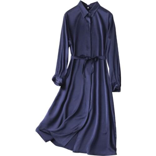 Women Summer Silk Navy Blue Dress 93% Natural silk dresses Elegant Dress Casual Holiday Real Silk Long Shirt Dress
