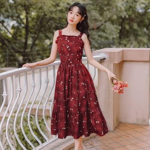 Elegant Sling Dress Women Floral Retro Red Dress 2021 Dresses Summer New Gentle Ruffle Stitching Chic Buttons Sweet Vestido Cute