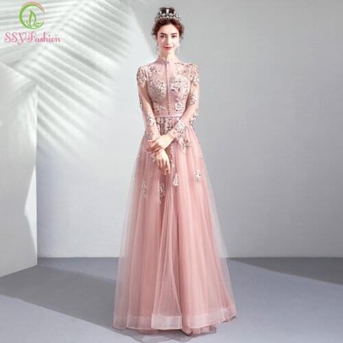 SSYFashion New Pink Evening Dress Robe De Soiree Long Sleeved Floor-length Lace Embroidery Beading Luxury Prom Formal Gowns