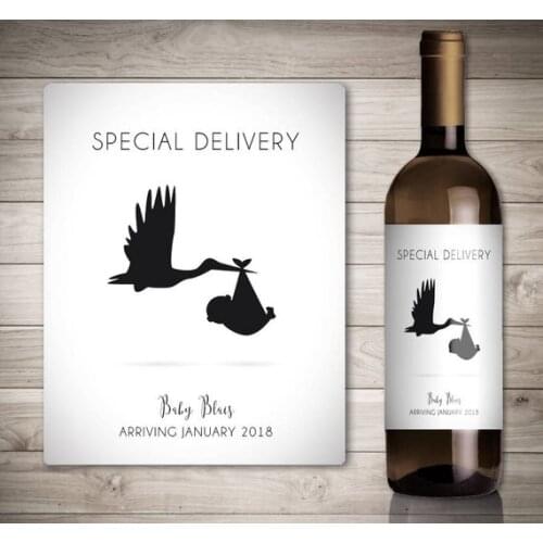 Custom 10pcs Baby Announcement Wine Bottle Labels Special Delivery Stork Carrying a Baby Pregnancy Announcement bottle stickers