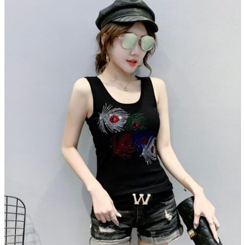 #5307 Black Tank Top Women With Diamonds Sexy Spliced Gauze Sleeveless Top Fitness Women Slim Sexy Crop Top Female Summer