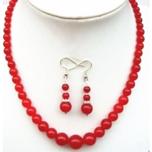 Free shipping 6-14mm Red Natural Stone Jades Chalcedony Round Beads Necklace Earring For Women Weddings Party Gift 18inch MY1376