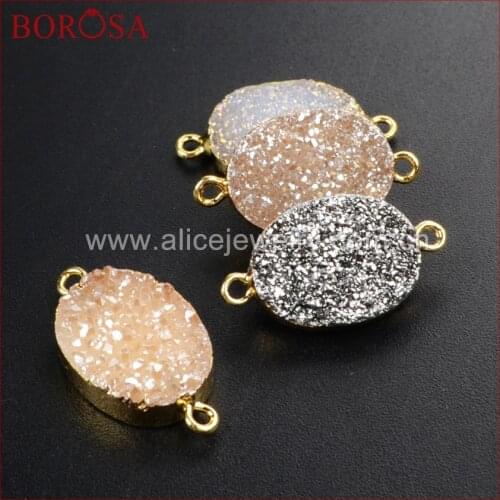 BOROSA Druzy Jewelry 10 pcs Oval Rainbow Natural Crystal Drusy Titanium Druzy Connector Double Bails G1073