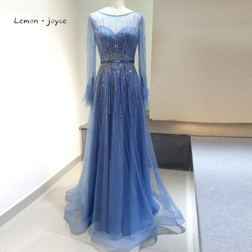 Lemon joyce Black Evening Dresses with Long Sleeves Sexy See-through Beading Feathers arab dress dubai Plus Size