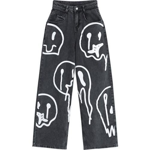 2021 New Spring Fashion Ins Street Hip-hop Y2K Printing Wash Jeans Loose Casual Denim Wide Leg Pants Tide Woman Long Trousers