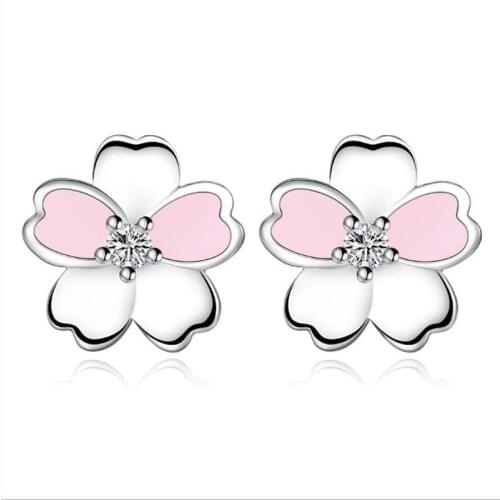 Everoyal Charm Crystal Pink Flower Stud Earrings For Women Jewelry Fashion Silver Plated Girls Earring For Bride Wedding Bijou