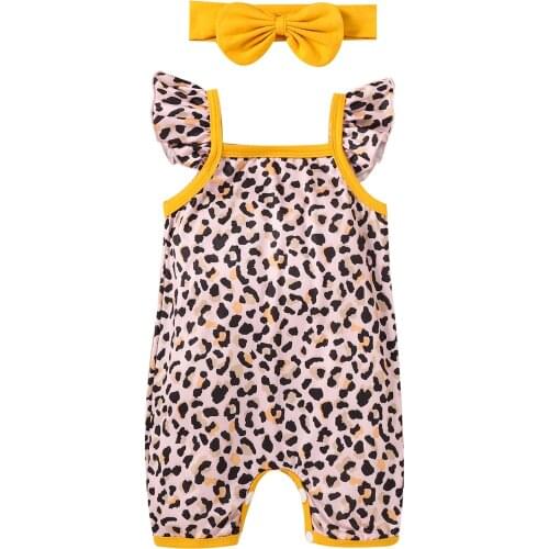 Newborn Baby Girl Clothes Fly Sleeve Leopard Print Square Collar Cotton Romper Bow Headband 2021 Summer 2Pcs Clothings Set 0-18M