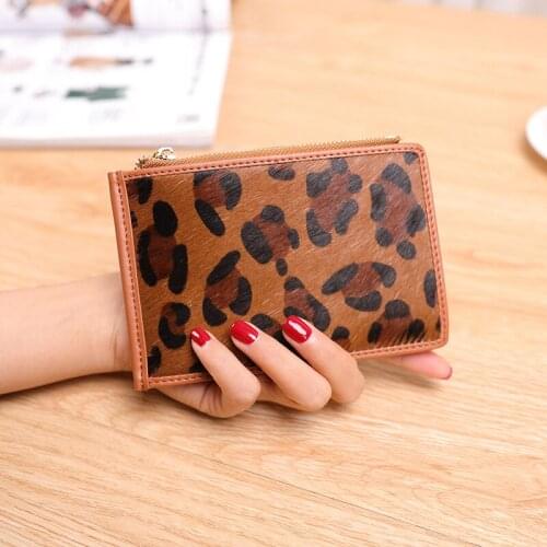Leather Card Holder Women Short Wallet Horse Fur Coin Purse Female Clutches Leopard Wallet Female Purse Brown Black Wallet