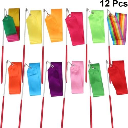 12pcs 2 Meters Rhythmic Art Gymnastics Ribbon with Stick Children Dancing Streamers Riband Rod for Gymnastics