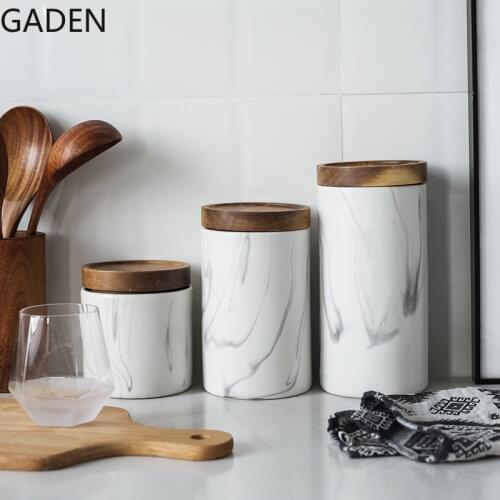 Nordic Marble Pattern Storage Jar with Wooden Lid Ceramic Airtight Jar Coffee/Tea/Candy Jar Living Room Tea Table Decoration