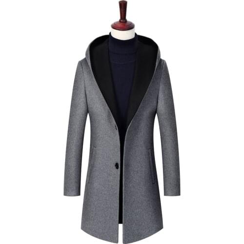 New Autumn Winter hooded Thin Solid Mens Slim Fit Woolen Blend Coat Male Mid-Long Windbreaker Cotton Warm Jacket Overcoat S-3XL