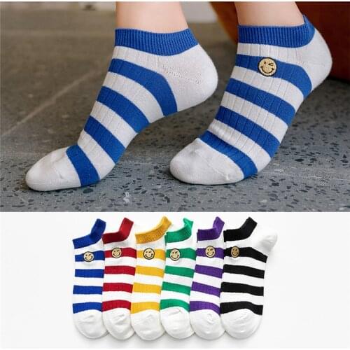 The New Women Fashion Cute Kawaii Cotton Short Heel Colorful Stripe Boat Socks Shallow Mouth Smiley Embroidery 6 Pairs Female