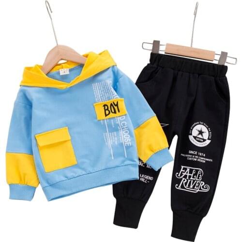 Baby boy clothes spring and autumn cotton suit boy letter printing casual sweater hooded childrens clothing baby two-piece suit
