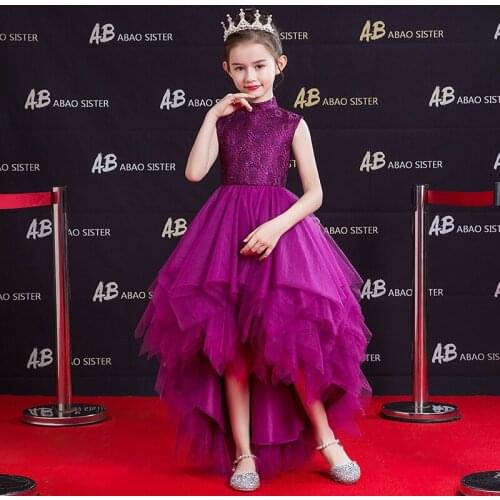 Flower Girls Dresses Princess Lace Sequined Ball Gown Tiered Knee-Length Tulle Sleeveless Purple Embroidery Kid Party Dress D216