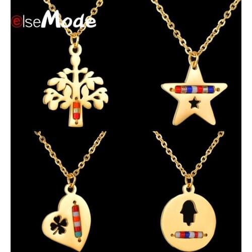 ELSEMODE Tree Of Life Fatima Hand Pendant Bead Necklace Stainless Star Heart Clover Dragonfly подвеска For Amulet Women Gift