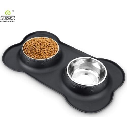 Antislip Double Dog Bowl With Silicone Mat Durable Stainless Steel No Spill Pet Feeding Bowl Drinking Water Food Feeder