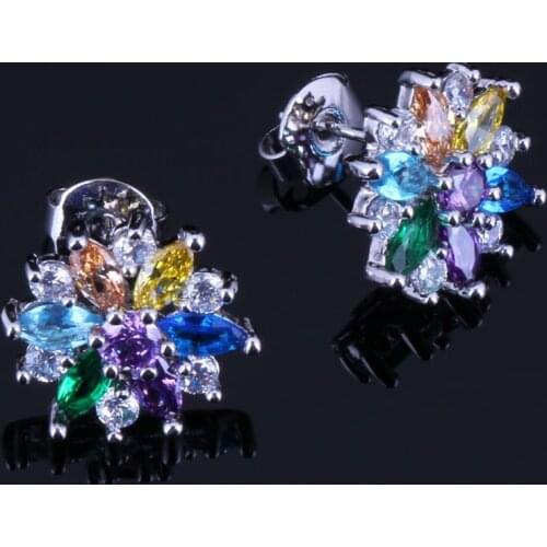Cute Flower Multigem Multicolor Yellow Cubic Zirconia Silver Plated Stud Earrings V0388