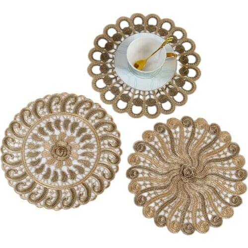 Modern 3D Gold Lace Round Embroidery table place mat Christmas pad placemat cup mug coaster Napkin New Year good doily kitchen