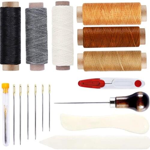 LMDZ 6 Color Waxed Thread with 3 Sizes Large Eye Sewing Needles, Scissor, Awl, Bone Folder for Leather Sewing Supplies and DIY