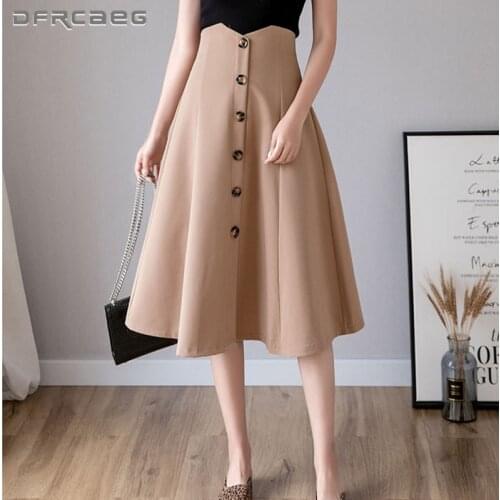 Khaki Casual Single Breasted A-Line Skirt For Women 2021 High Waist Korean Style Loose Button Long Skirt Female