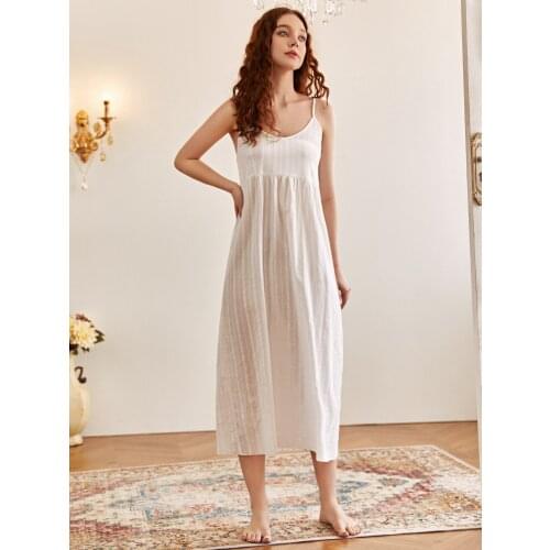 Womens Pajamas Cotton Jacquard Sleepwear Sling Long Nightwear Princess Dress Ins Style White Casual Homewear Nightdress Femme