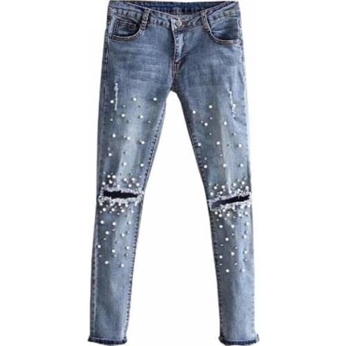 At Knee Height Hole Jeans Ripped Plus Size Lazy Women Denim Stretch Casual Pants Slim Fit Rivet Pearl Summer Fashion Long Cowboy