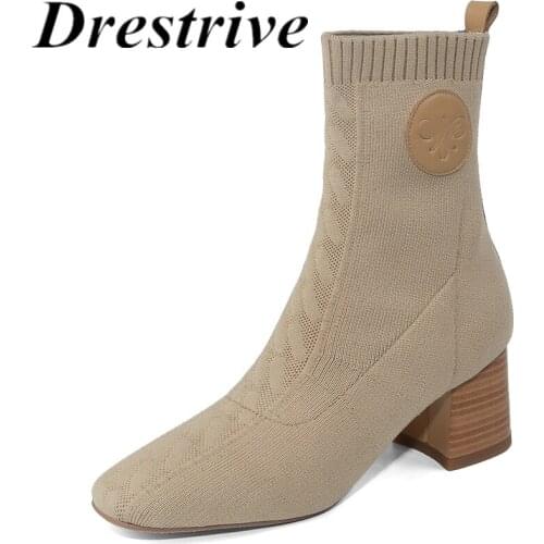 Drestrive Knitting Thick Heels 6 cm Woman Ankle Boots Square Toe Elastic Fabric Black 2020 Winter Shoes High Heel