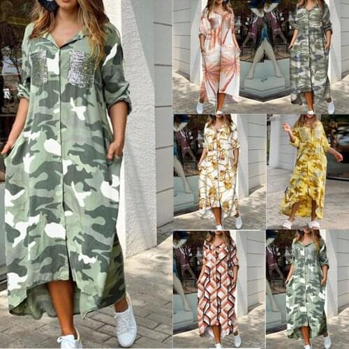 Spring Summer Fashion Women Long Sleeve V-neck Long Dress Female Pullover Polyester Print Clothes