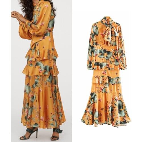 Women dress za 2020 cascading ruffle bow tie bohemian dress long sleeve trumpet floral print dresses female vestidos mujer