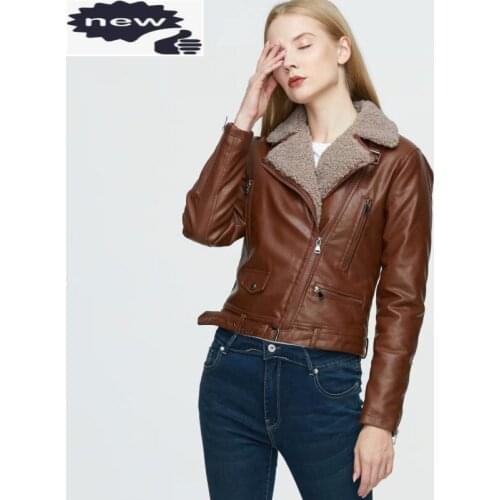 Winter Women Thick Fur Lining Pu Casual Short Belted Slim Fit Bikers Coat Lapel Collar Warm Faux Leather Jacket