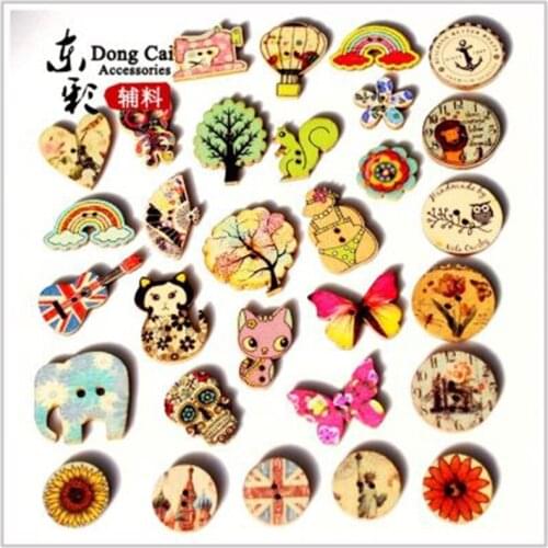 100pcs Multicolor Wooden Button Painted Butterfly Cat Button Handmade DIY Sewing Supplies Kids' Cloth Sweater Accessories