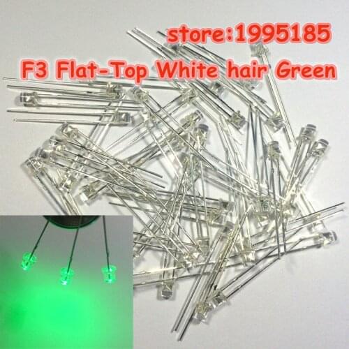 1000pcs / 3mm Jade Green Water Clear Flat-top F3 LED Light Beads White Hair Green Light Super Bright Long Leg