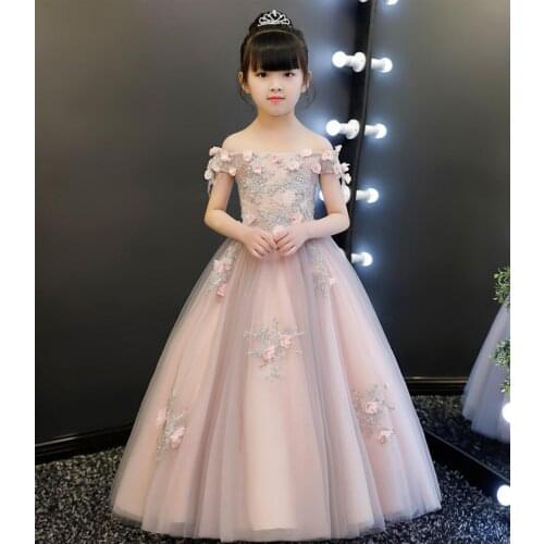 Elegant Pink Appliques Lace First Communion Dress Long Dress Girls Party Ball Gown Flower Girl Dress For Weddings Pageant Gown