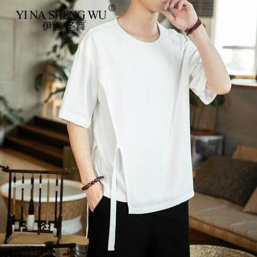 Chinese Style T-shirt Mens Summer Short-sleeve Samurai Costume Haori Shirt Loose Large Size T-shirt Japanese Kimono Men New Top