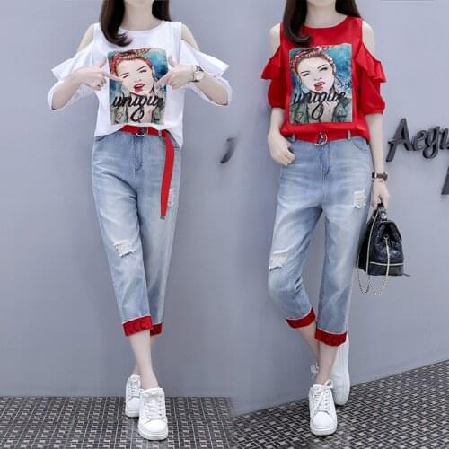 Women Summer 2 Pcs Set Korean Print Character Fashion Two Piece Set Denim Shoulder Top + Ripped Jeans Loose Chic Casual Clothes