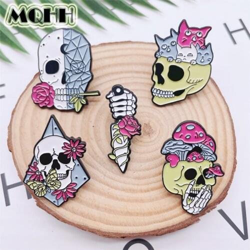 Creative Punk Skeleton Ghost Enamel Pins Flowers Mushroom Cat Dagger Alloy Brooch Badge Clothes Accessories Woman Jewelry Gift