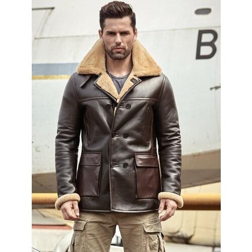 2019 New Mens B3 Brown Shearling Jacket Sheepskin Coat Long Leather Jacket Fur Coat Thick Mens Winter Coats