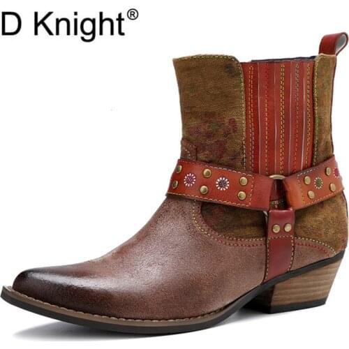 2021 New Winter Genuine Leather Ankle Boots For Women Shoes Retro Ladies Western Cowboy Boots Vintage Rivet Female Chelsea Boots