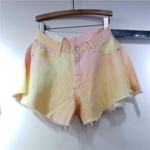 Personality Tie Dye Rainbow Denim Shorts Women High Waist 2021 Summer New Wide-legged Straight Casual Hot Pants
