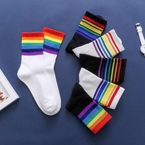 Stripe Socks Women Rainbow Color Patchwork Fashion Tide Harajuku Streetwear Classic Black Withe Cotton Sockken Female Funny Cute