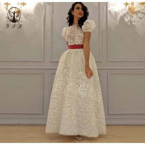Simple but Elegant Boat Neck Short Puffy Sleeve Lace Ankle Length Prom Dresses 2020