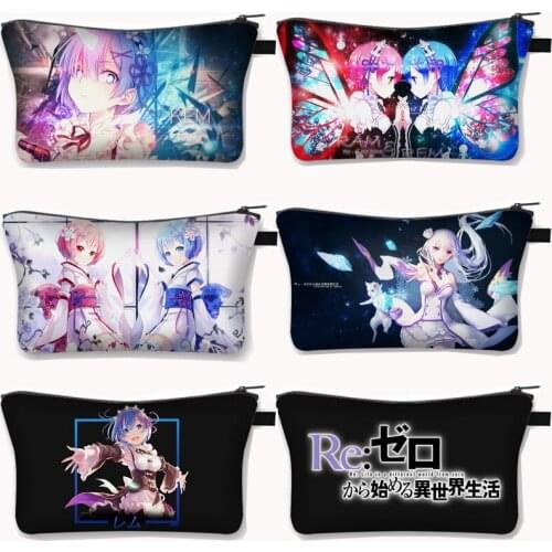 Re: Zero Kara Hajimeru Isekai Seikatsu Cosmetic Bag Ram/Rem Makeup Bags Girls Lipstick Storage Toiletries Bags Zipper Pouch