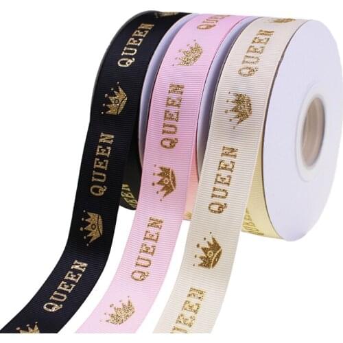 1"(25mm) Gold Glitter Crown Printing Polyester Grosgrain Ribbon DIY Party Decoration Crafts Handmade Accessories