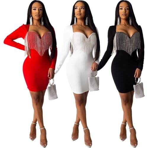 Sexy Tassel White Dress Women Long Sleeve Bodycon Slim Party Night Club Dresses Elegant Streetwear Casual Short Clothes