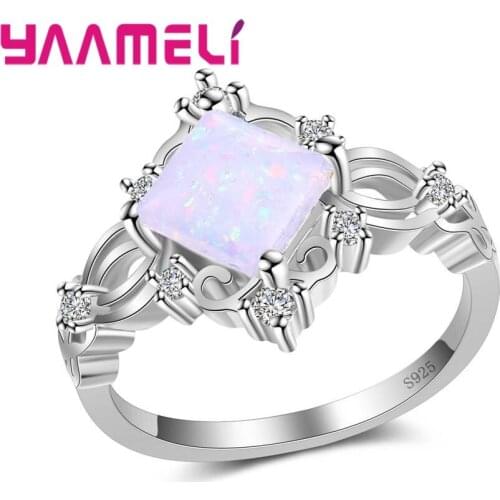 Special Design Square Shape Opal Crystal 100% 925 Sterling Silver Jewelry Clear Cubic Zirconia Present Jewelry Anel