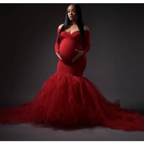 Strech Long Sleeves Maternity tulle Mermaid Off Shoulder Sweetheart gown Photography prop gown pregn
