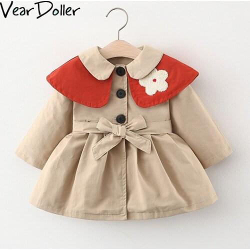 VearDoller Girls Trench Outerwear Autumn New Childrens Clothing Woolen Flower Design Kids Jacket Single Breasted Girls Coats