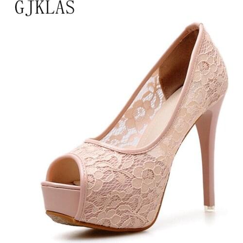 Elegant Sex High Heels Women Peep Toe Platform Shoes Lace Party Wedding Pumps Platforms Sandaletten High Heels Black Pink Shoes