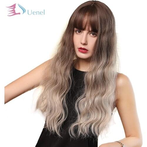 Uenel Long Curly Synthetic Hair Wigs for Women Blonde Wig with Bangs Brown wig